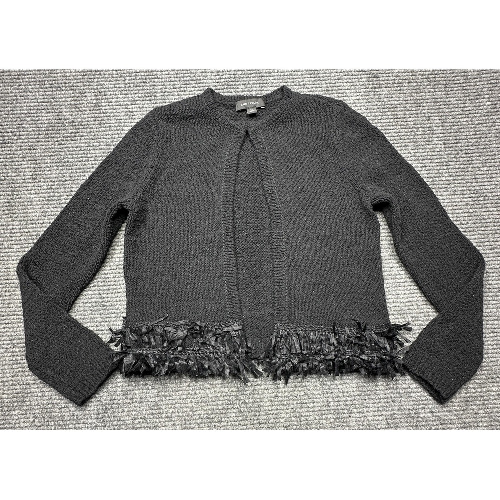 Ann Taylor Cardigan Sweater Womens XS Black Fringe Hem Open Front Knit Textured